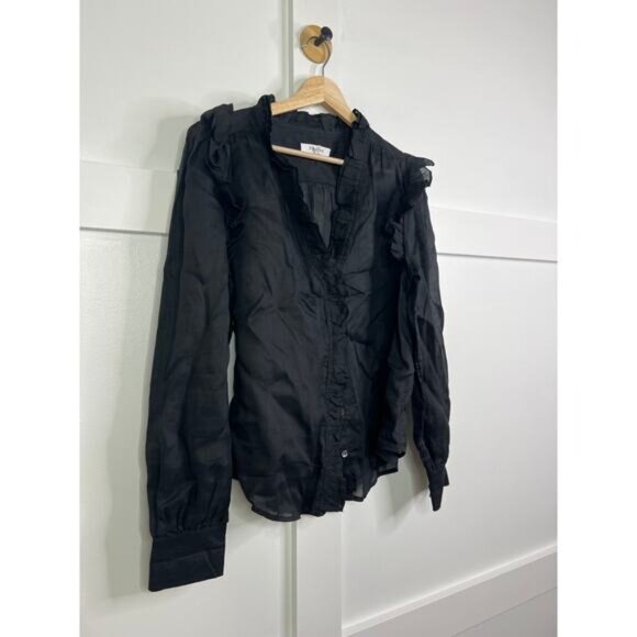 NEW Frame Lauren Ruffled Long Sleeve Button Down Black Sheer Blouse Top - Picture 3 of 7